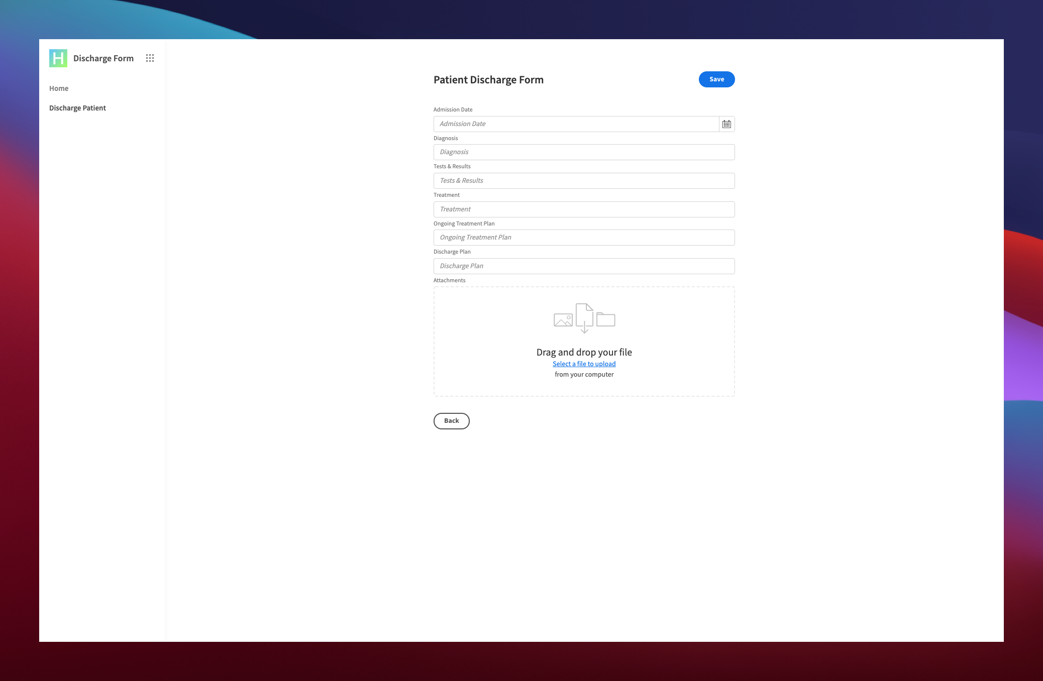 Discharge form template with file sharing