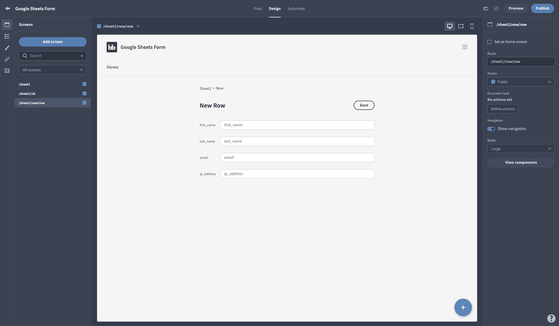 Create form for Google Sheets