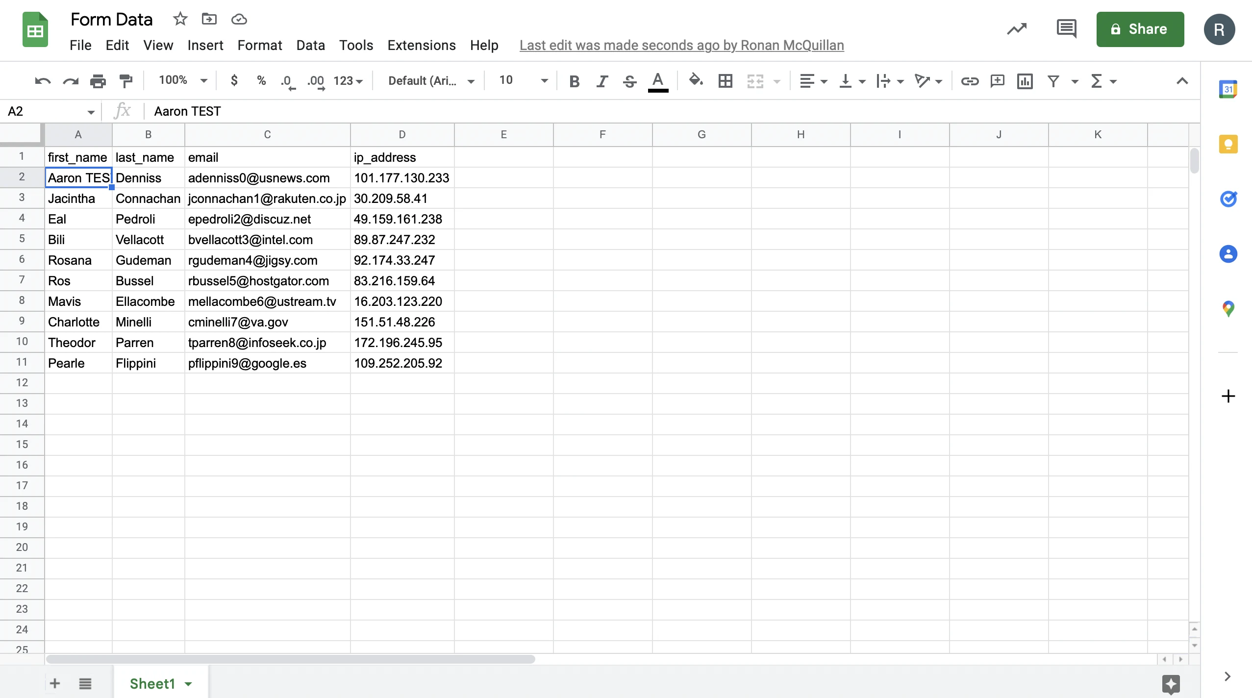 Test form data in Google Sheets