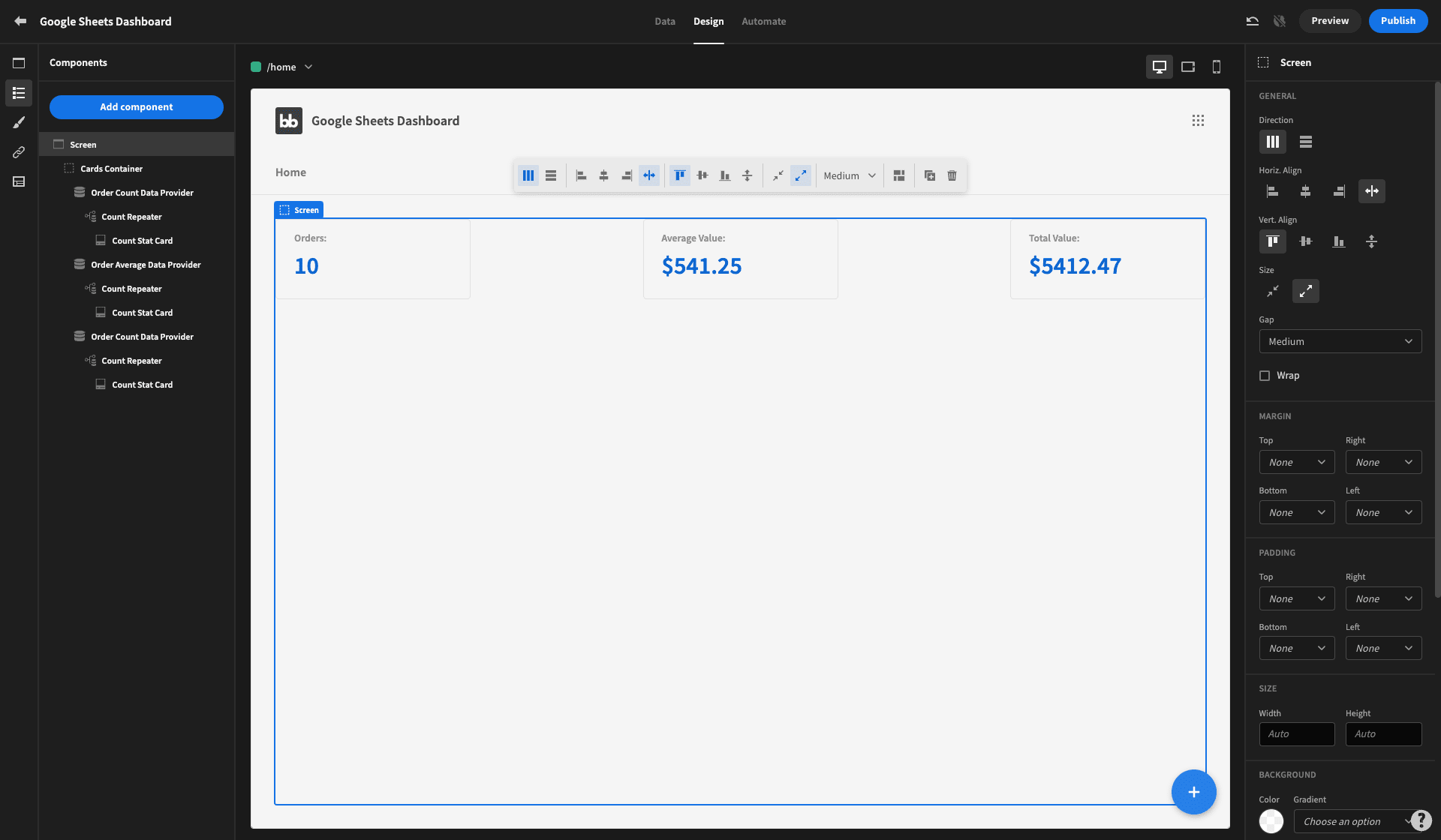 Google Sheets Dashboard summary cards