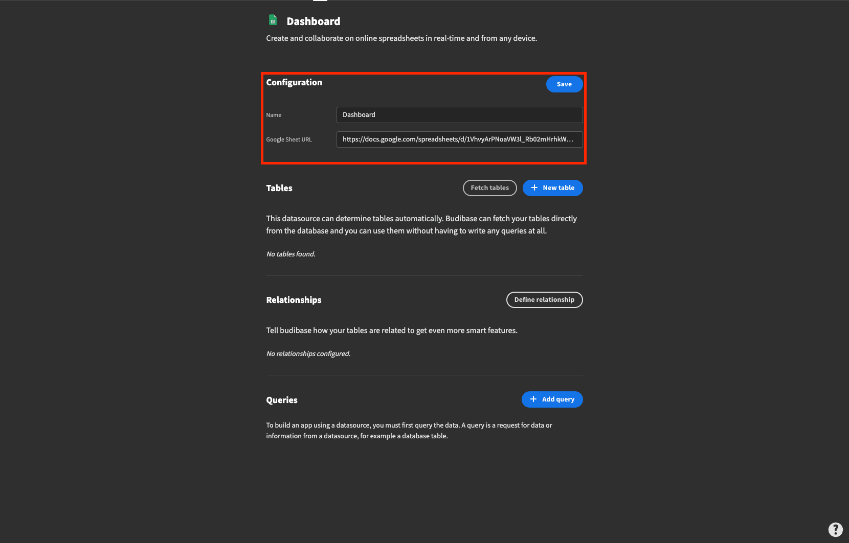 Google Sheets Dashboard configuration