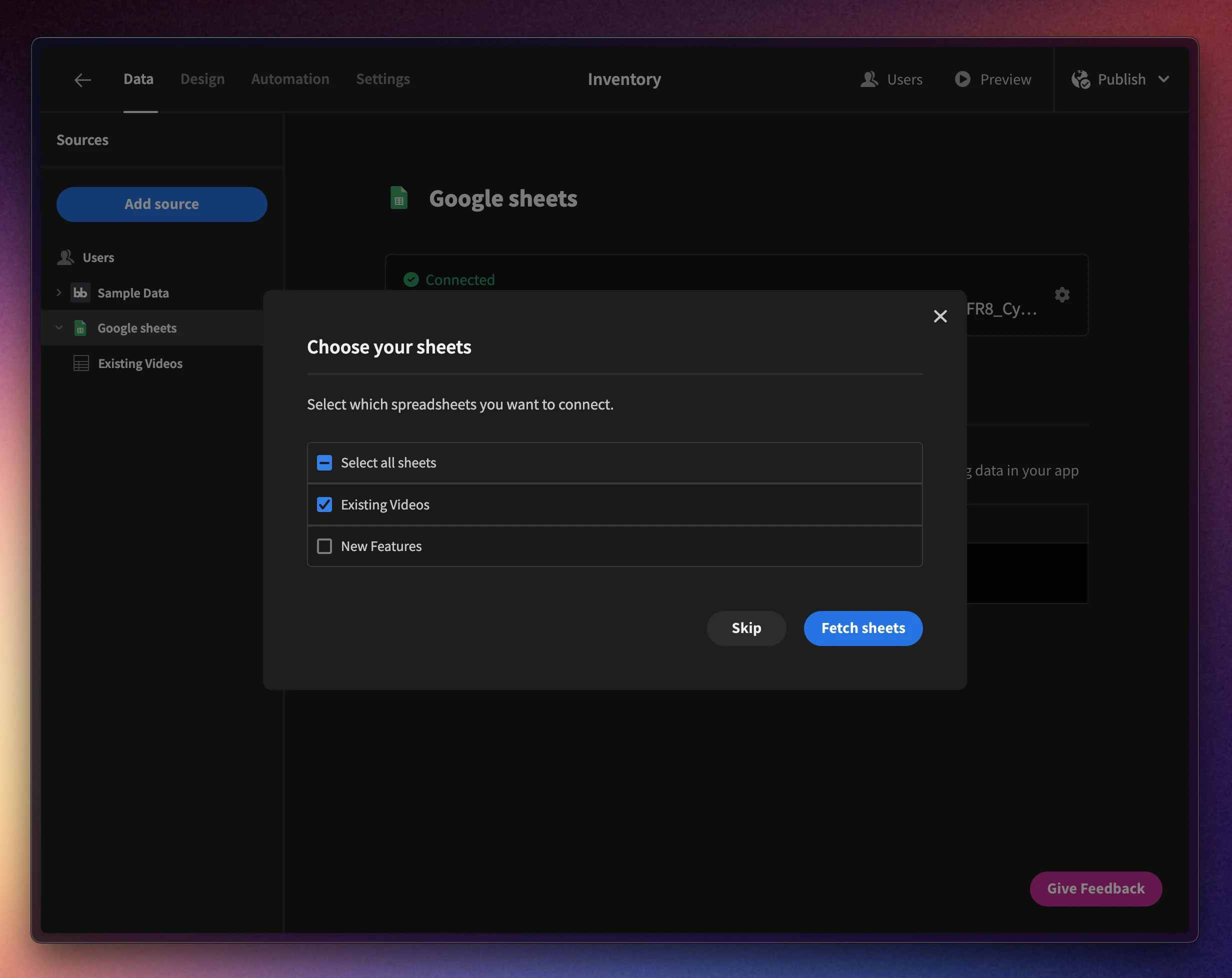 Google sheets table import selection