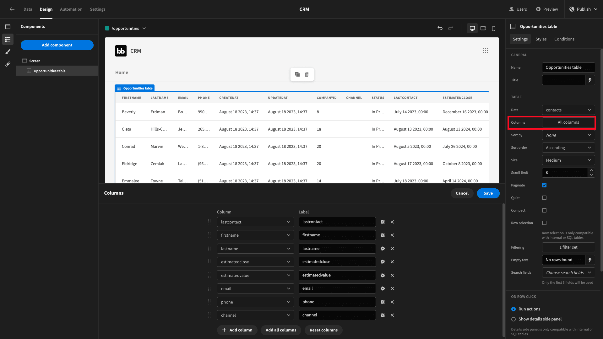 Configure columns