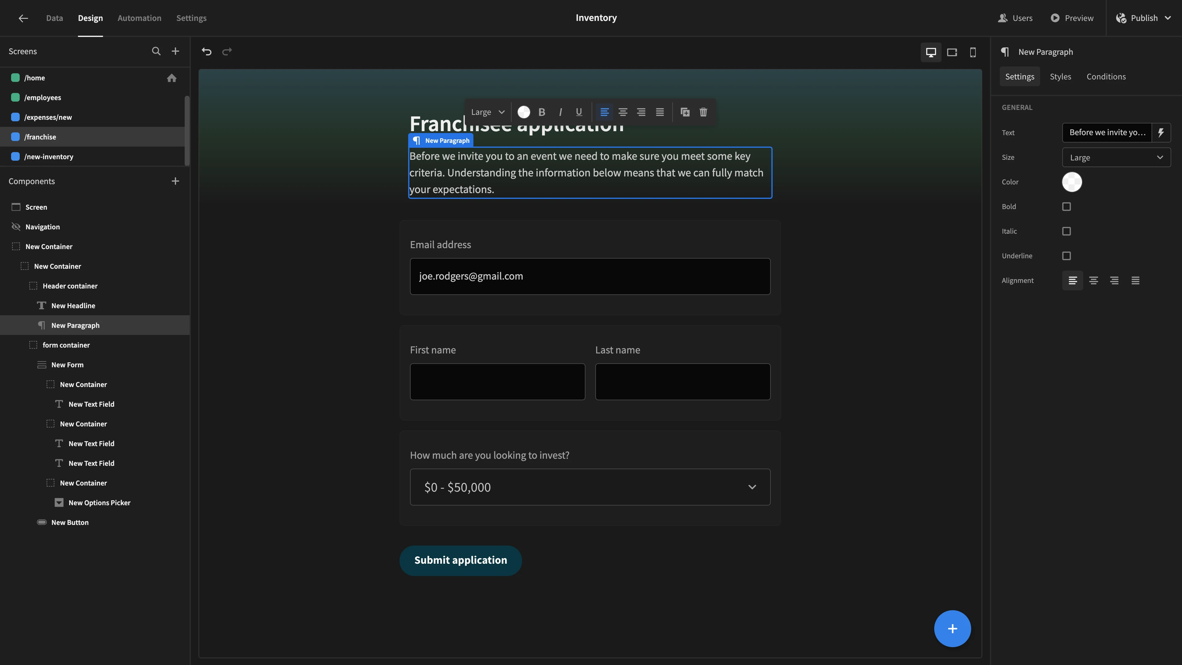 Budibase form building interface