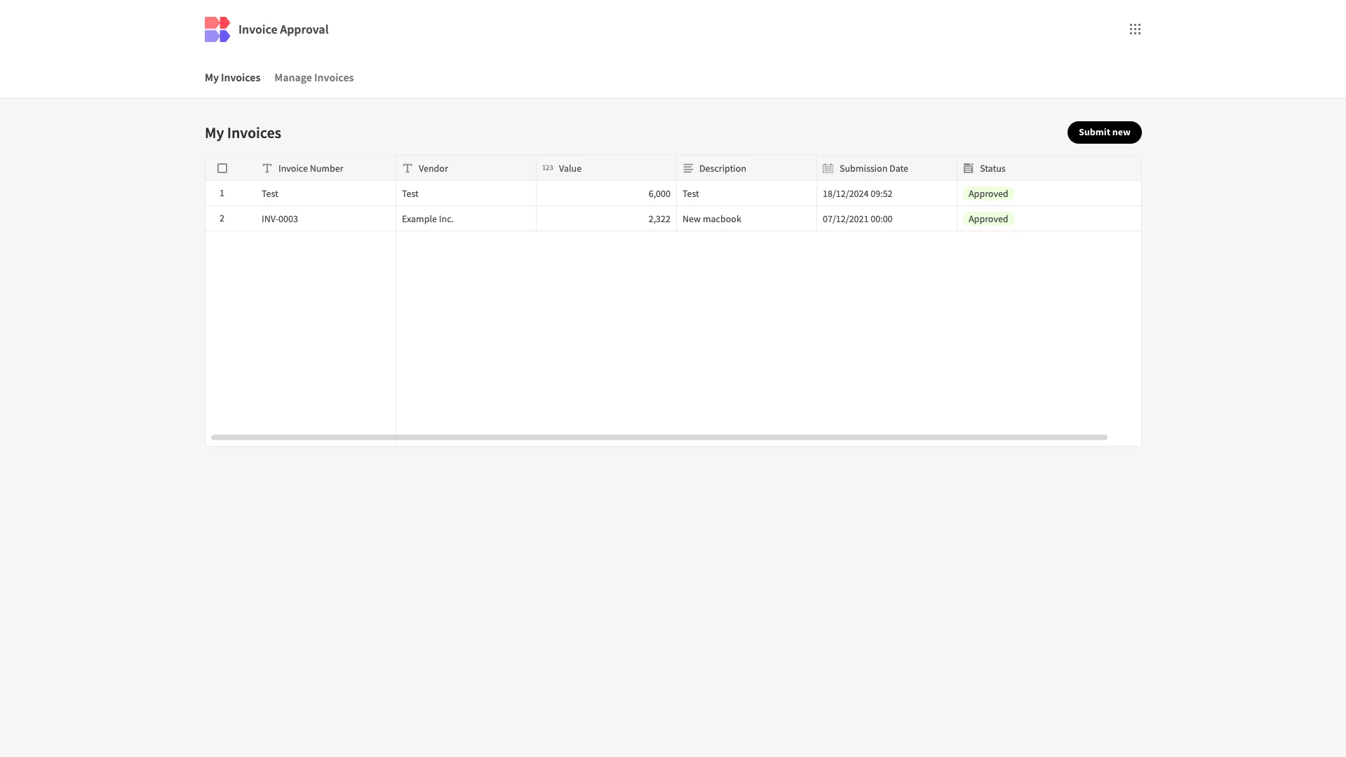 Invoice Approval Software - Submission Screen