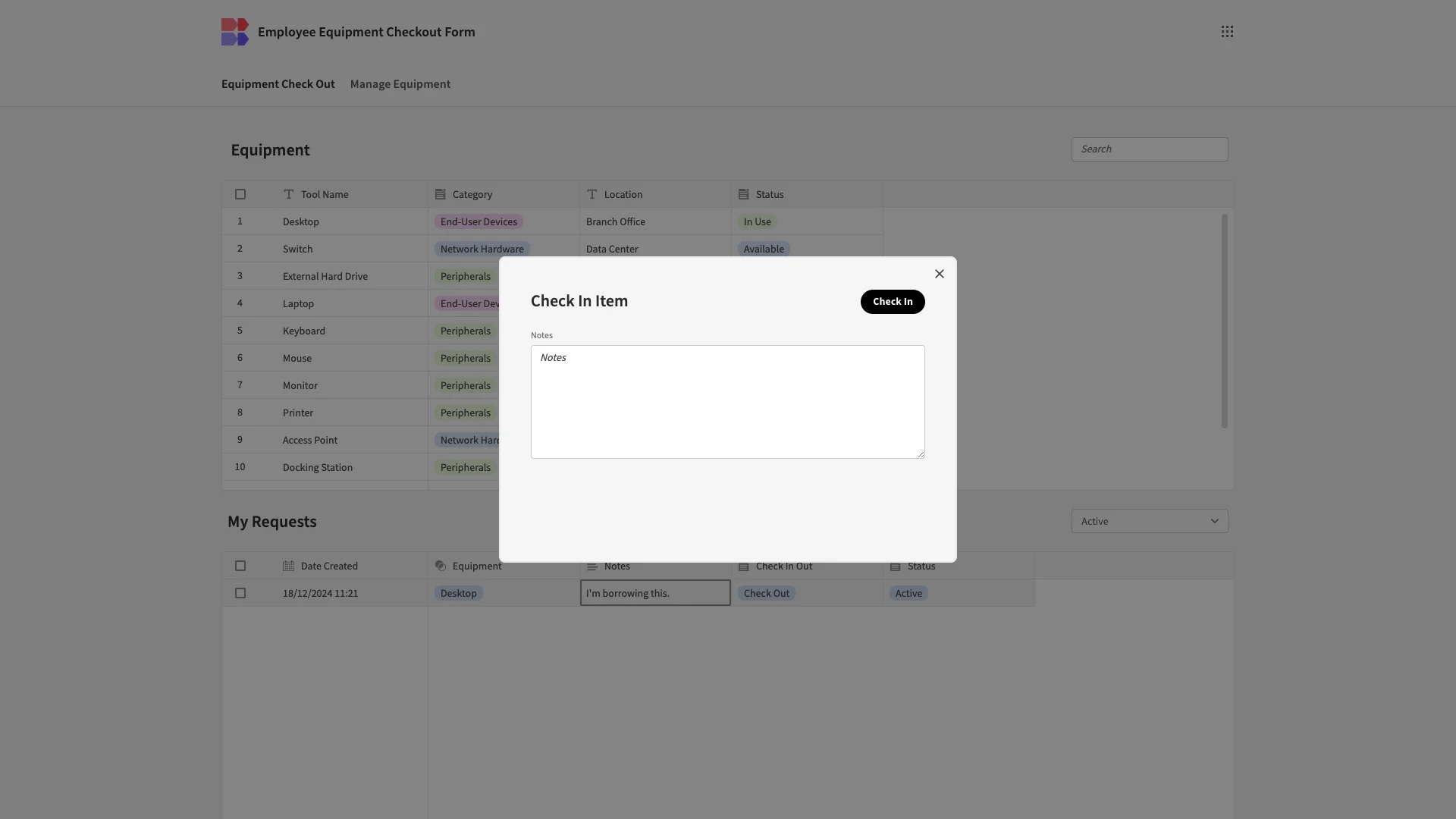 Employee equipment checkout system template
