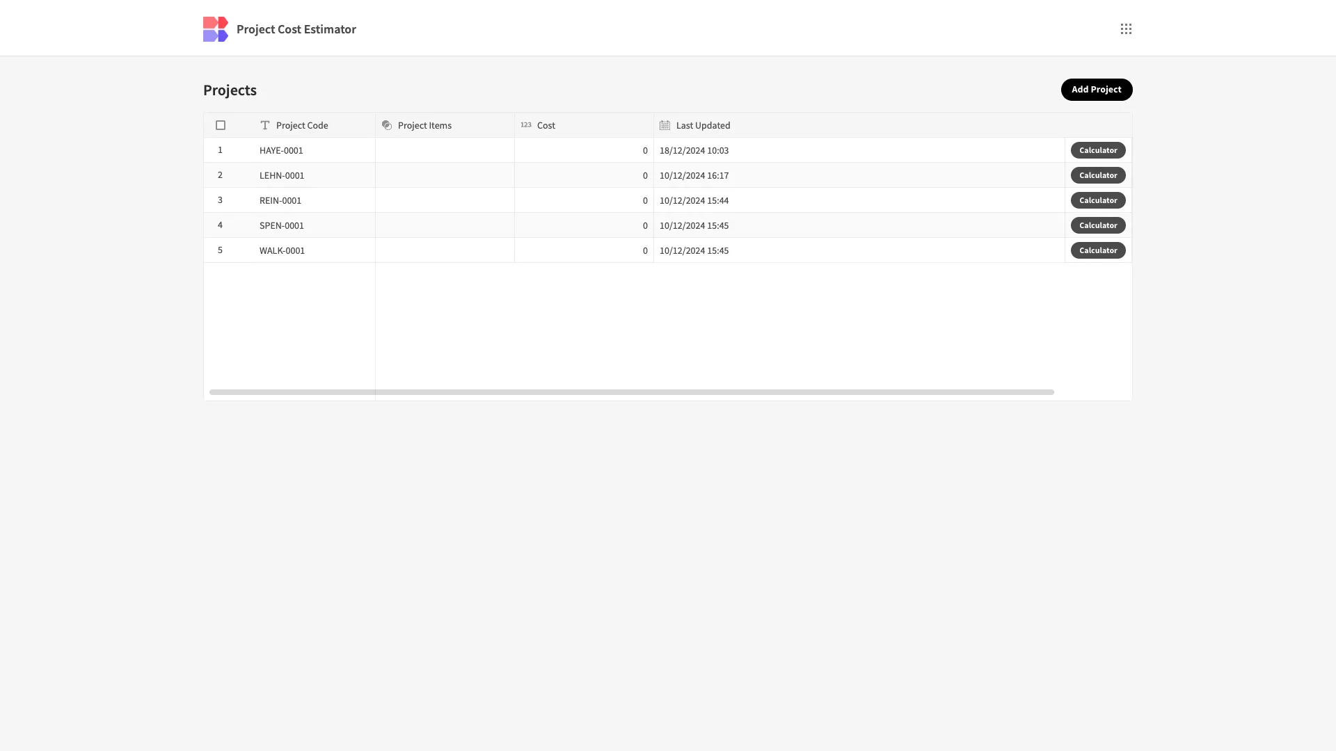 Cost Estimation Template Homescreen