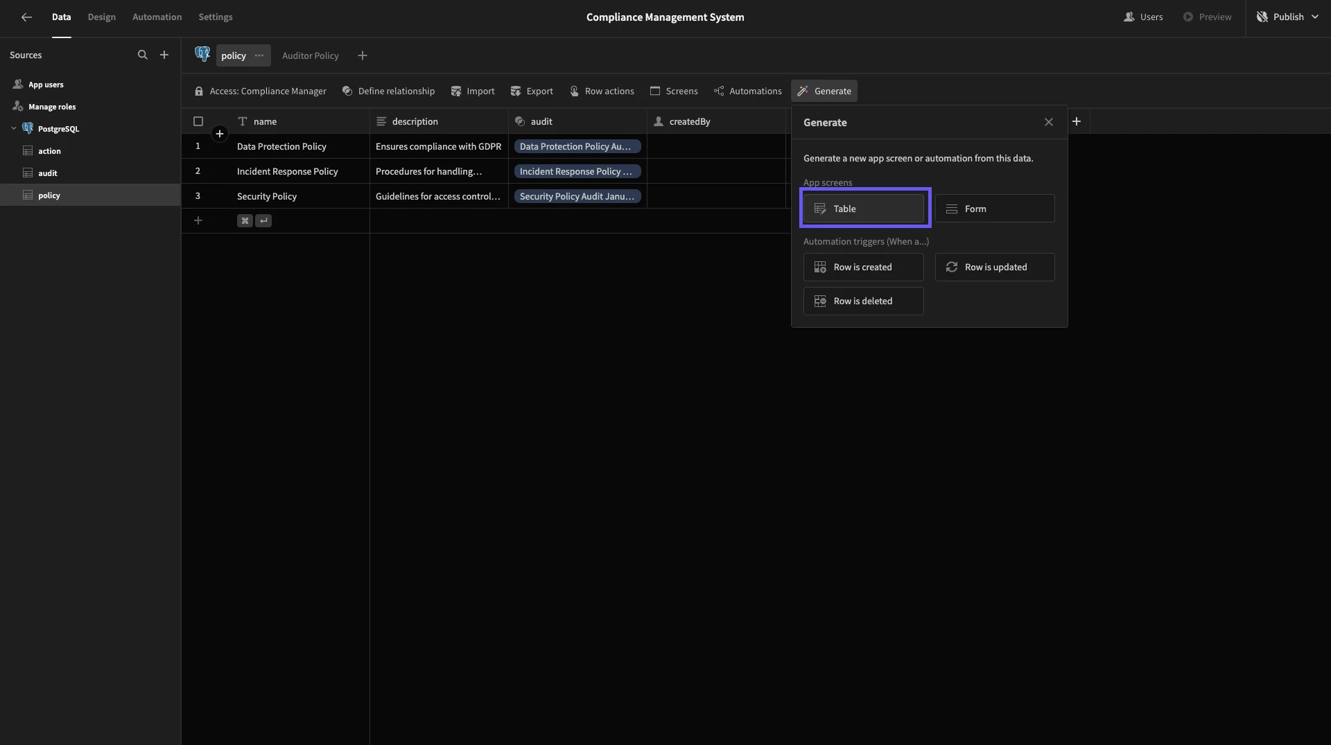 Generate Screen