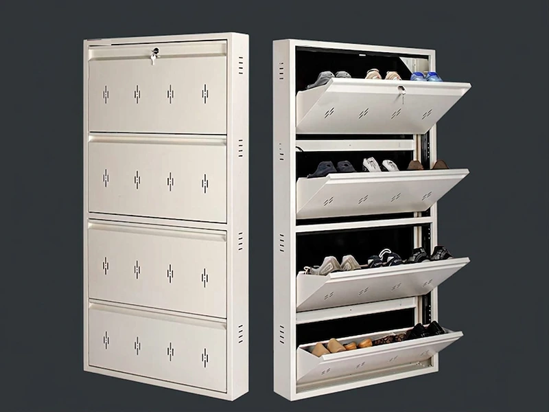 Metal shoe rack shoe den installation Hyderabad — powder coated wall mounted shoe rack KVJ Services