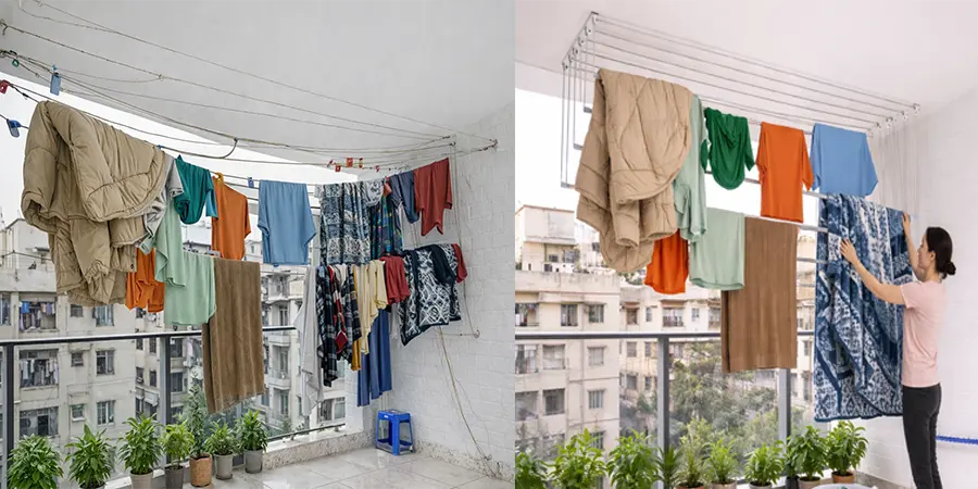 Ceiling cloth hanger installed balcony Hyderabad before after — KVJ Services