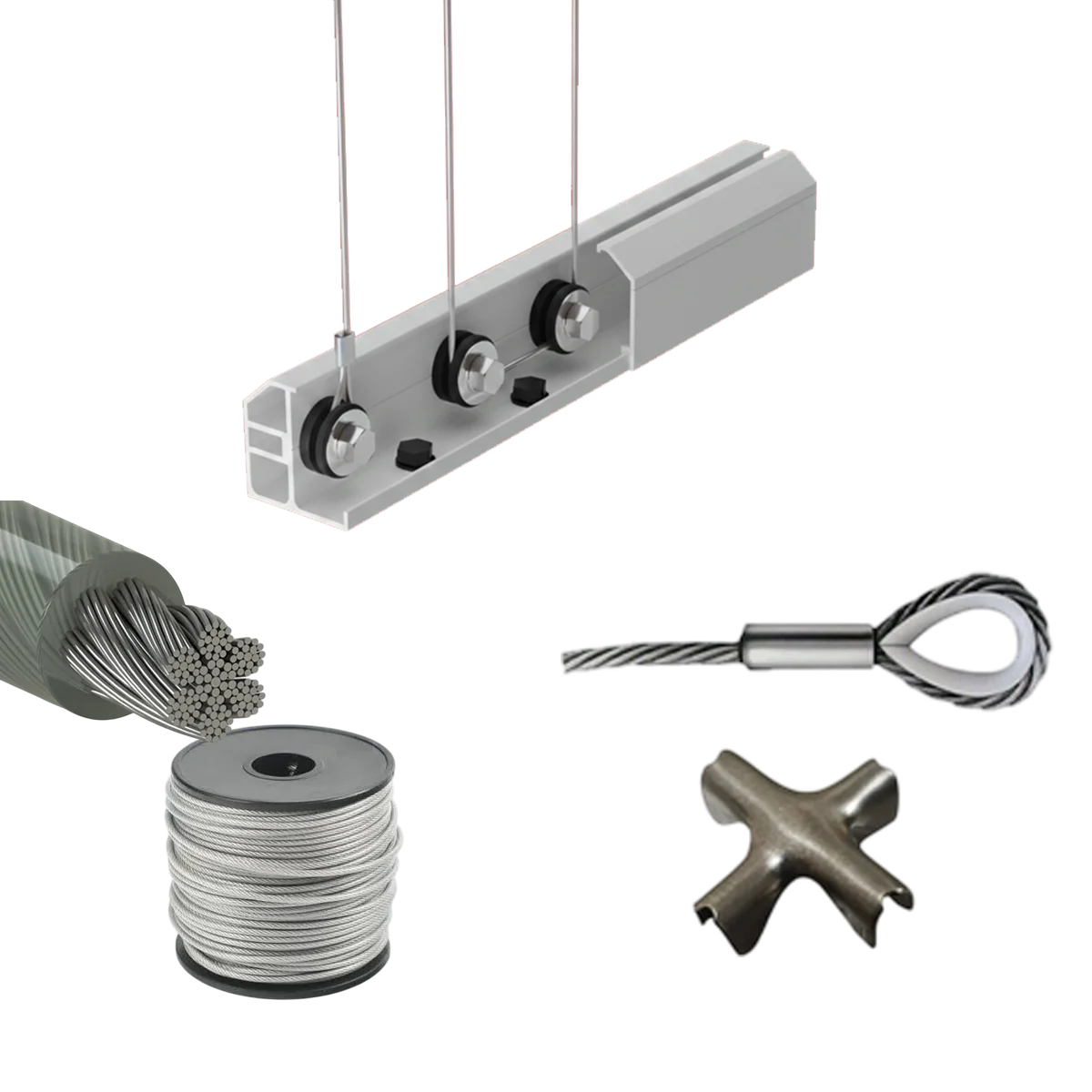 Invisible grill components — SS 316 wire, aluminium track, hardware used by KVJ Services Hyderabad