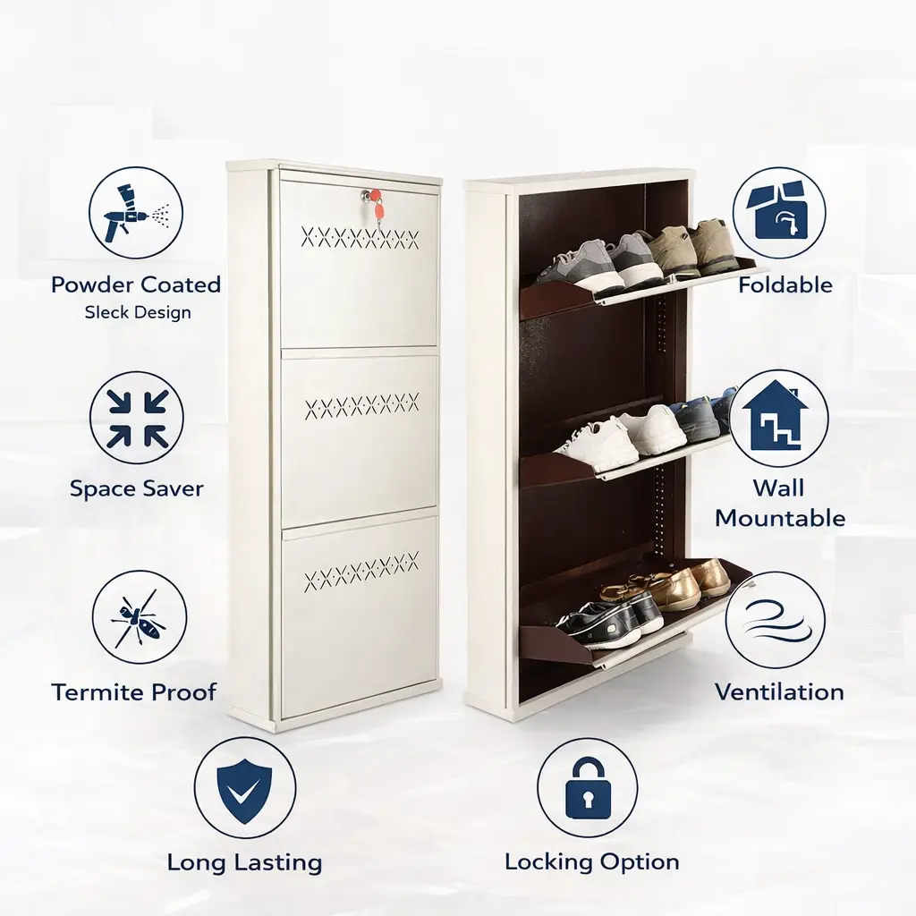 Metal shoe rack features powder coated foldable wall mounted Hyderabad