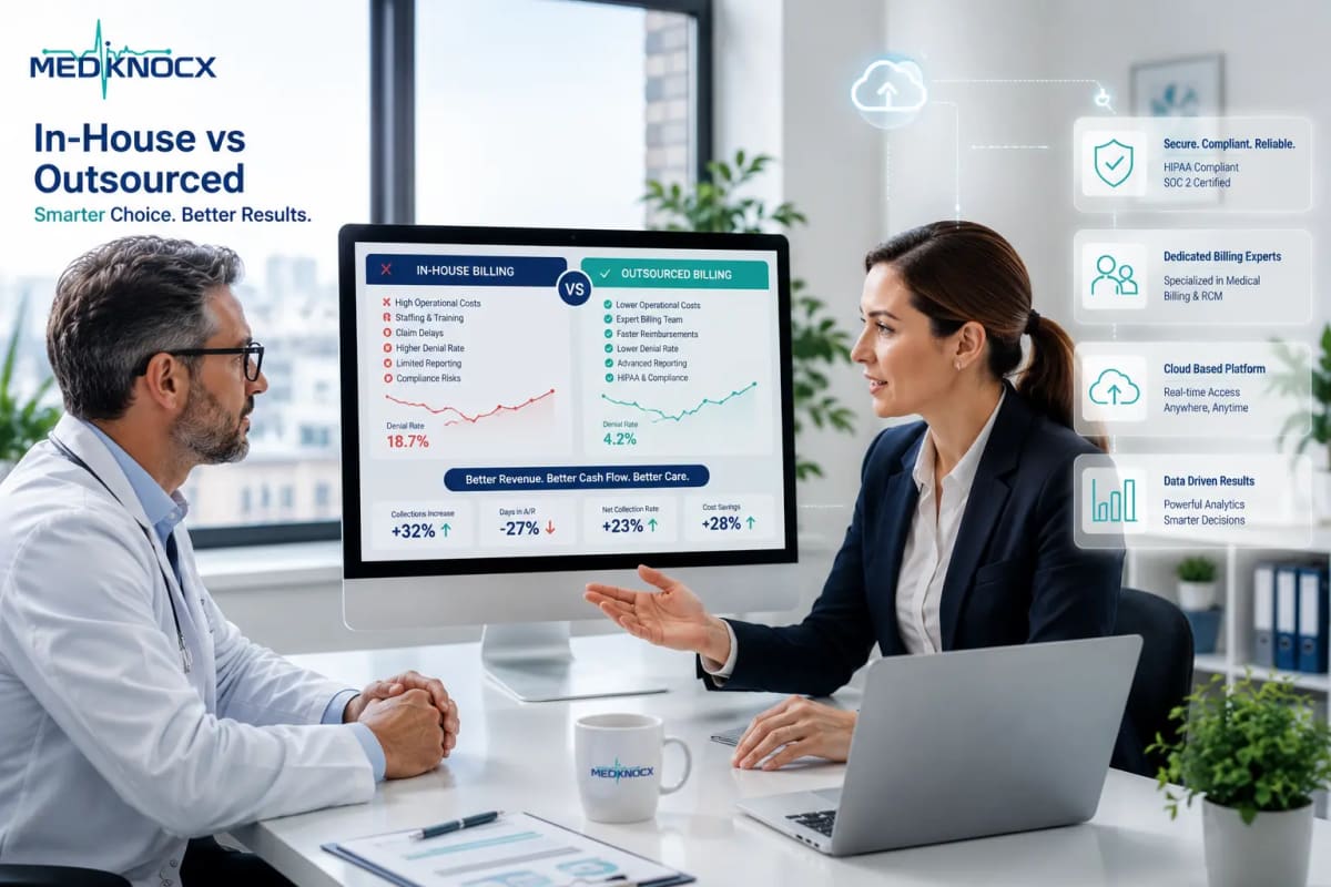 In-House vs Outsourced Medical Billing Comparison of in-house medical billing and outsourced medical billing using revenue cycle management dashboard