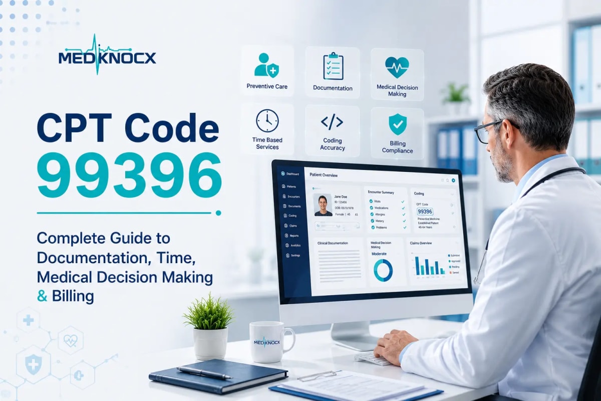 CPT Code 99396 Preventive Medicine Billing Guide Healthcare professionals reviewing CPT Code 99396 preventive medicine billing, documentation, and revenue cycle management in a modern medical office.