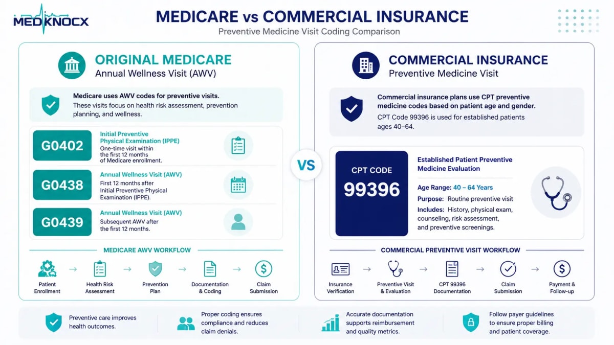 CPT Code 99396 Medicare vs Commercial Insurance Coverage Comparison infographic explaining Original Medicare Annual Wellness Visit codes and commercial insurance coverage for CPT Code 99396.