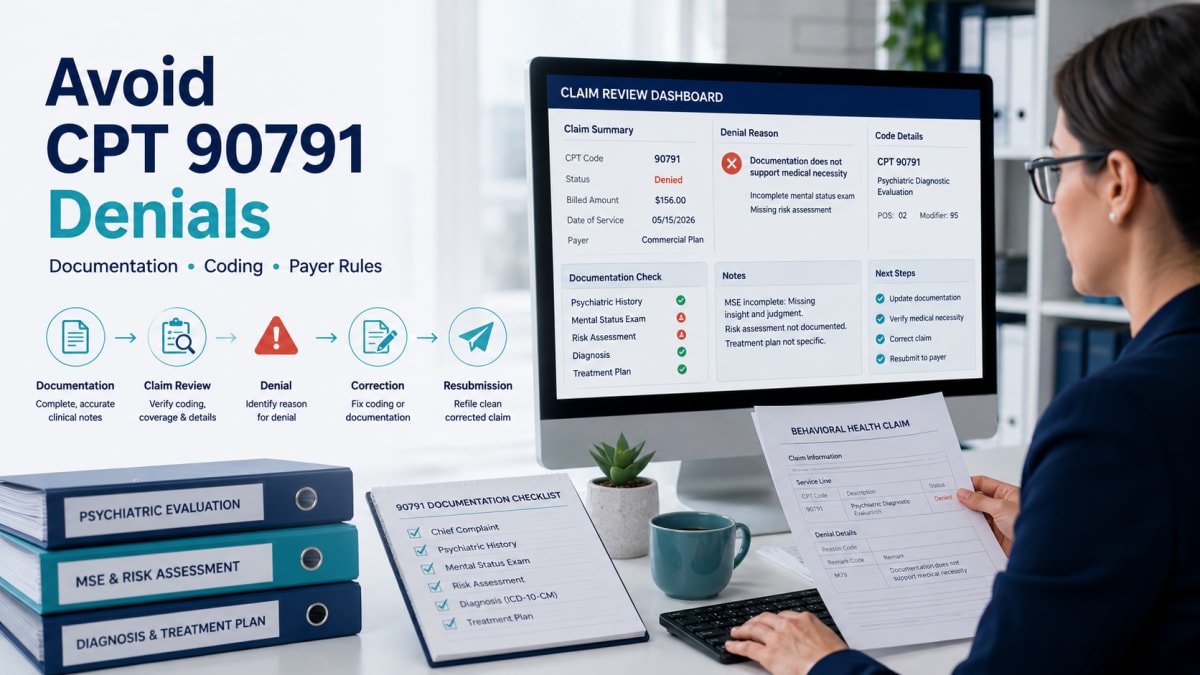 Avoid CPT 90791 Billing Denials With Proper Documentation Medical billing specialist reviewing CPT 90791 claim denial, documentation, coding, and payer rules