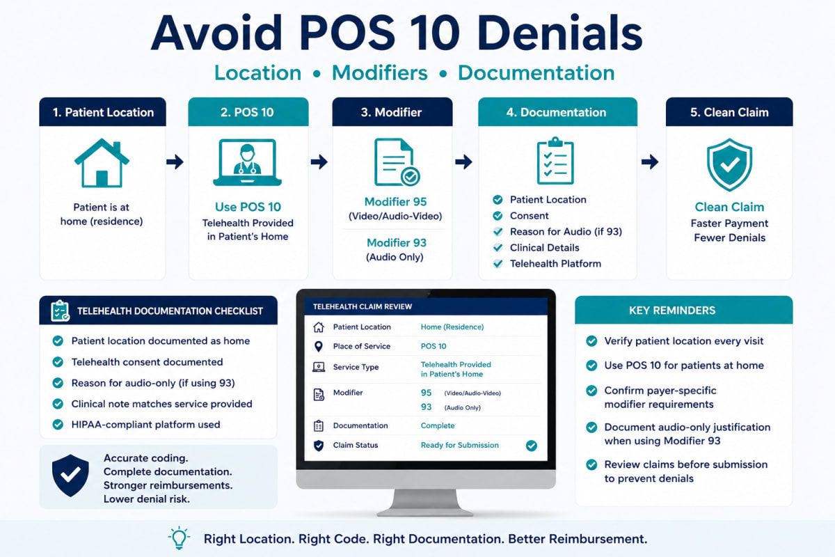 Avoid POS 10 Denials: Location, Modifiers, Documentation POS 10 denial prevention workflow showing patient location, POS 10, modifiers, documentation, and clean claim requirements