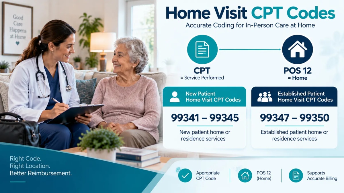 Home visit CPT codes 99341–99345 for new patients and 99347–99350 for established patients