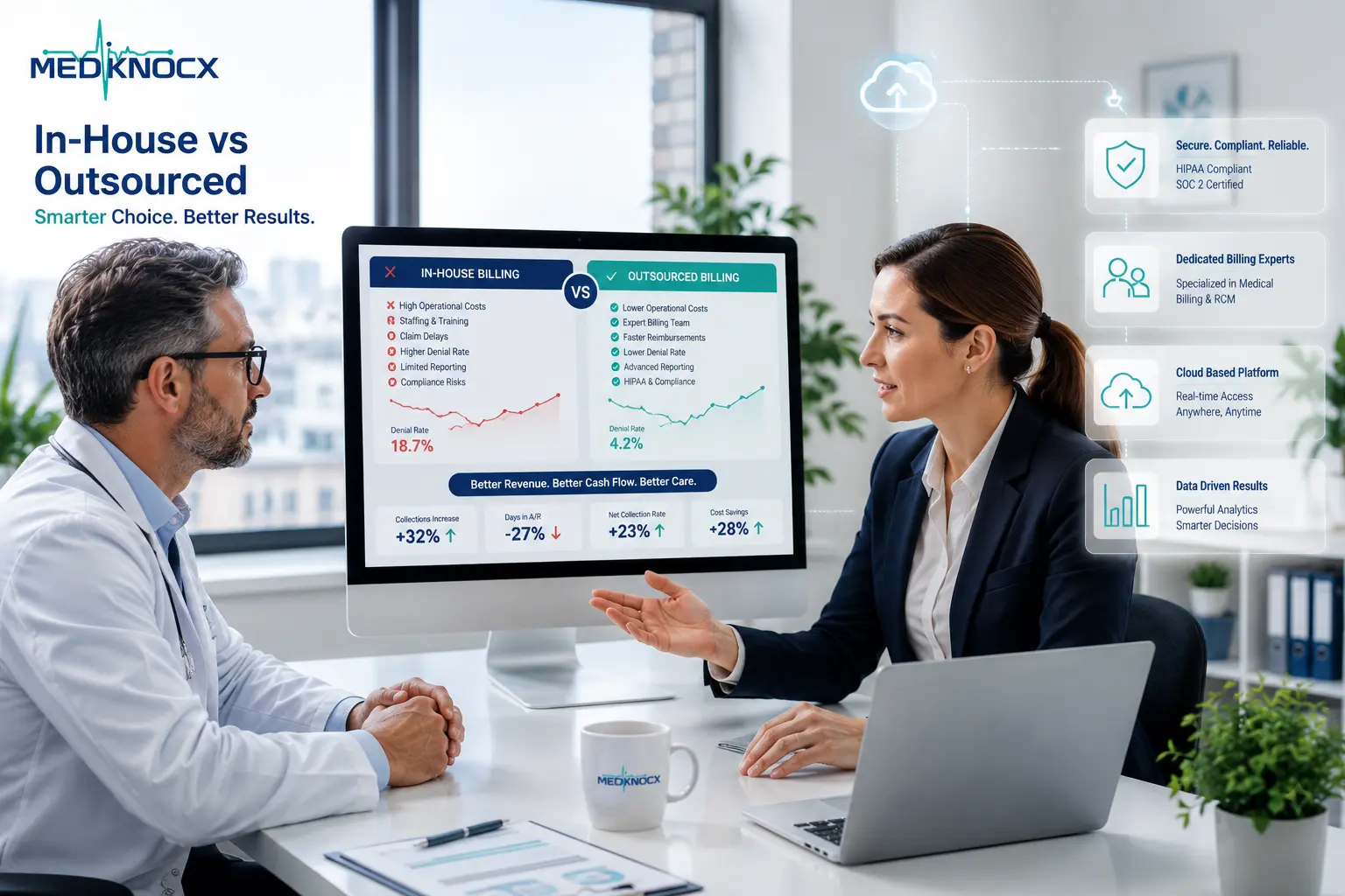 In-House vs Outsourced Medical Billing Comparison of in-house medical billing and outsourced medical billing using revenue cycle management dashboard