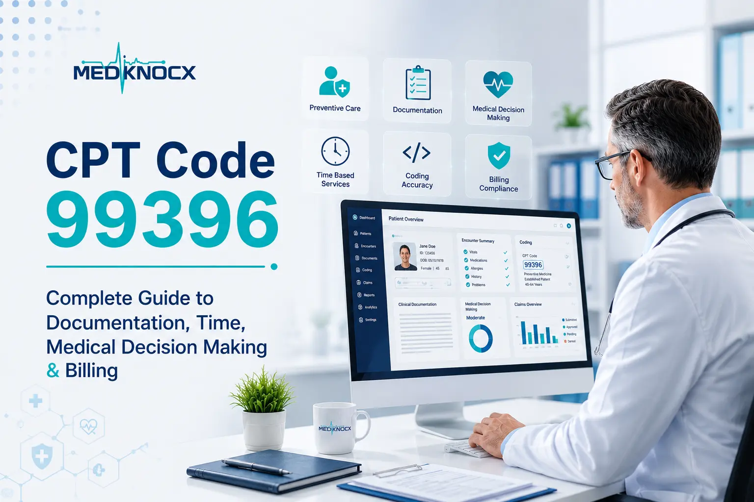 CPT Code 99396 Preventive Medicine Billing Guide Healthcare professionals reviewing CPT Code 99396 preventive medicine billing, documentation, and revenue cycle management in a modern medical office.