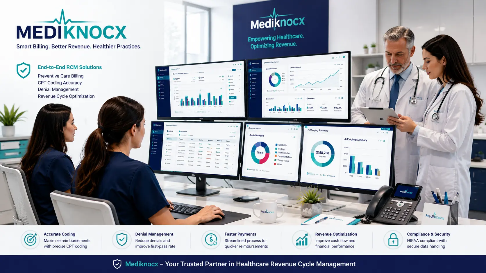 Preventive Medical Billing Revenue Cycle Workflow Revenue cycle management workflow infographic showing insurance eligibility, documentation, coding, claim submission, payment posting, and AR follow-up.