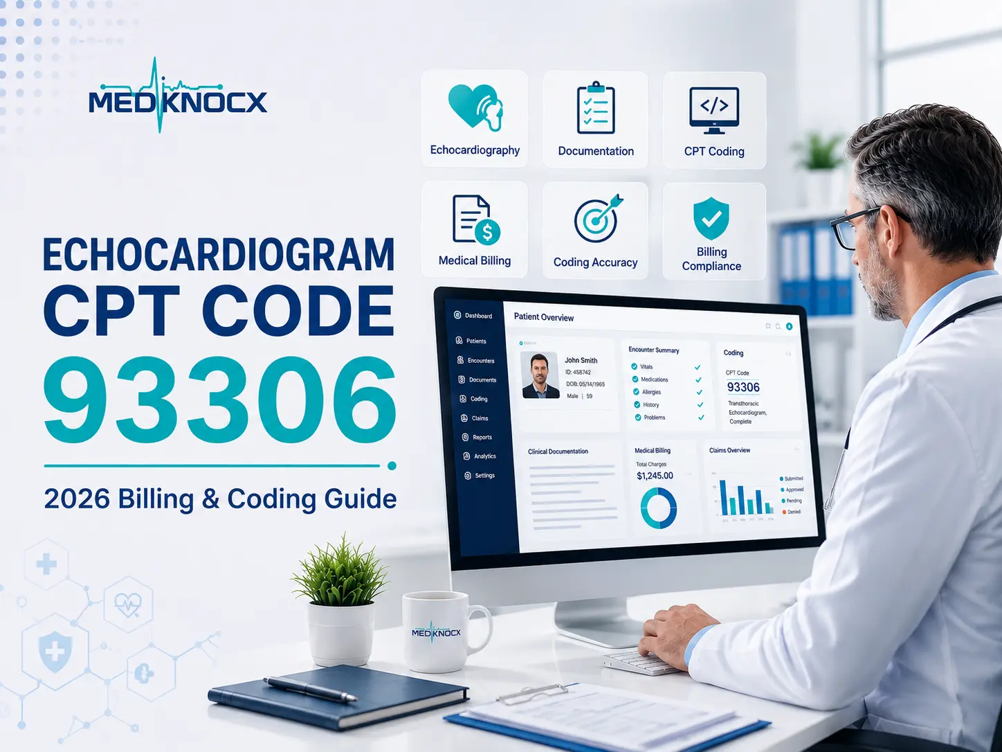 Echocardiogram CPT Code 93306: 2026 Billing Guide Echocardiogram CPT code 93306 2026 billing and coding guide with a cardiology professional reviewing medical billing information