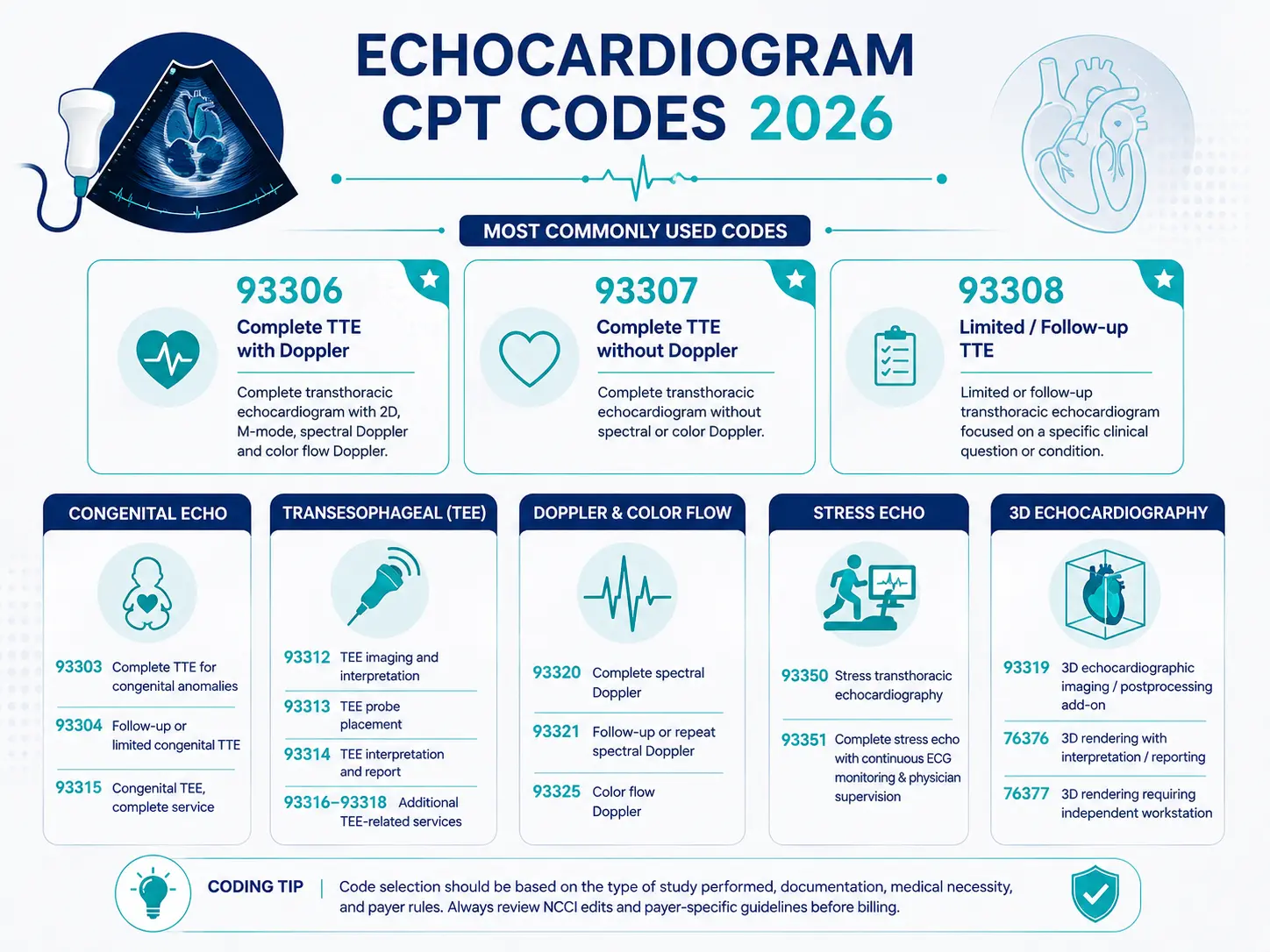 Echocardiogram CPT Codes 2026 List Echocardiogram CPT codes 2026 infographic showing 93306, 93307, 93308, TEE, Doppler, stress echo, and 3D echocardiography codes