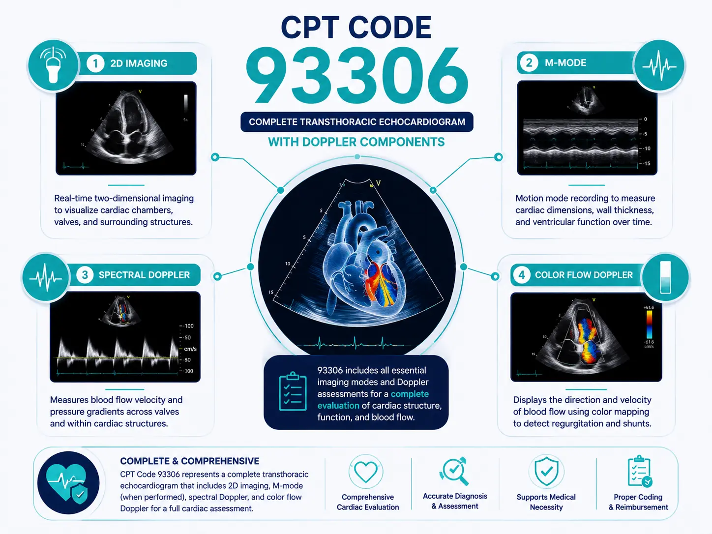 CPT Code 93306 Echocardiogram Components CPT code 93306 infographic showing 2D imaging, M-mode, spectral Doppler, and color flow Doppler components