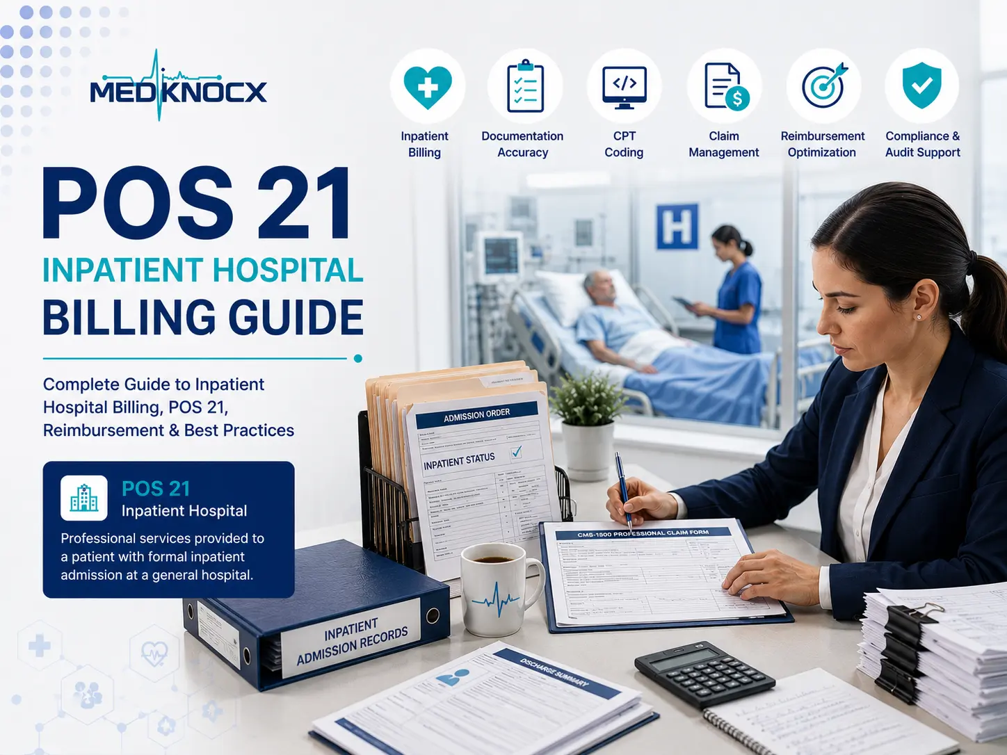 POS 21 inpatient hospital billing guide showing inpatient admission, documentation, CPT coding, reimbursement, and compliance