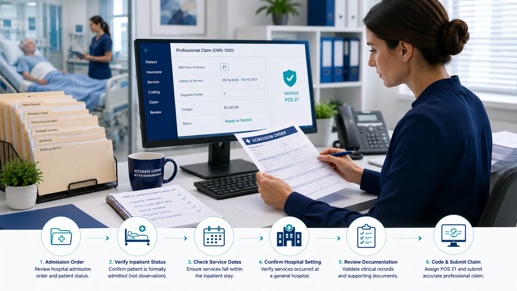 Medical billing workflow for verifying inpatient status, service dates, hospital records, and POS 21 before professional claim submission