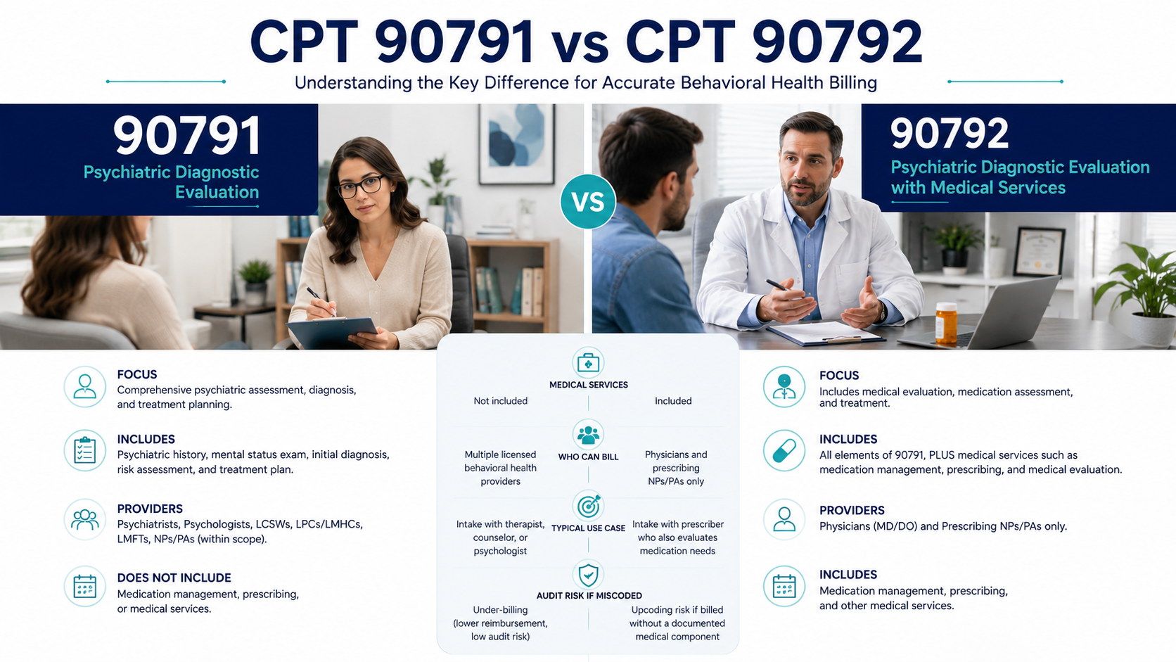 CPT 90791 vs 90792: Psychiatric Diagnostic Evaluation Comparison Comparison of CPT 90791 and CPT 90792 for psychiatric diagnostic evaluation and medical services