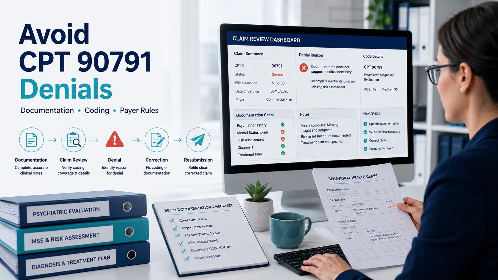 Avoid CPT 90791 Billing Denials With Proper Documentation Medical billing specialist reviewing CPT 90791 claim denial, documentation, coding, and payer rules