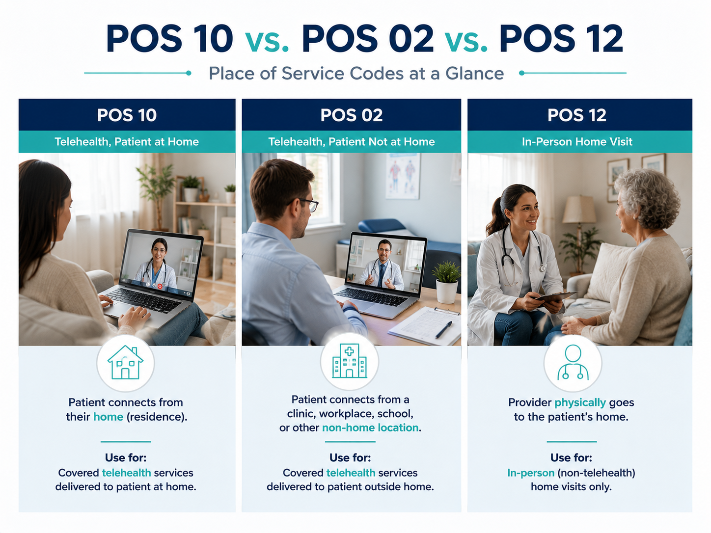 Comparison of POS 10 telehealth at home, POS 02 telehealth outside the home, and POS 12 in-person home visits