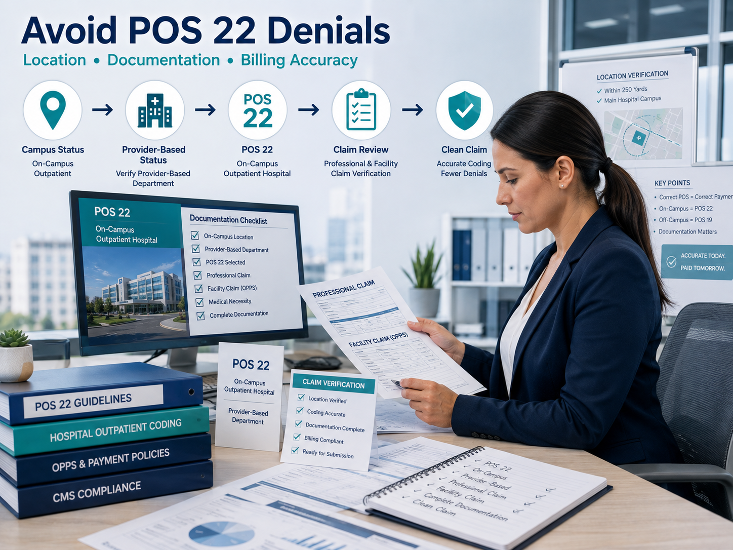 Medical billing specialist reviewing POS 22 documentation, campus status, provider-based status, and claim verification