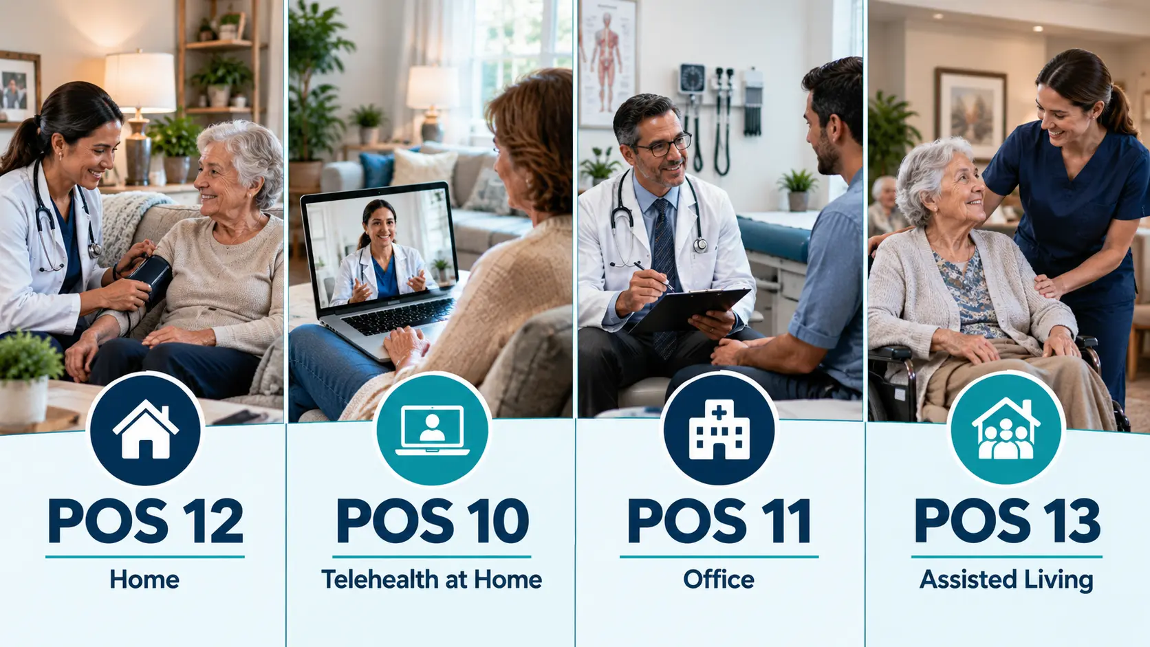 Common Place of Service Codes: POS 12, 10, 11 and 13 Comparison of POS 12 Home, POS 10 Telehealth at Home, POS 11 Office, and POS 13 Assisted Living