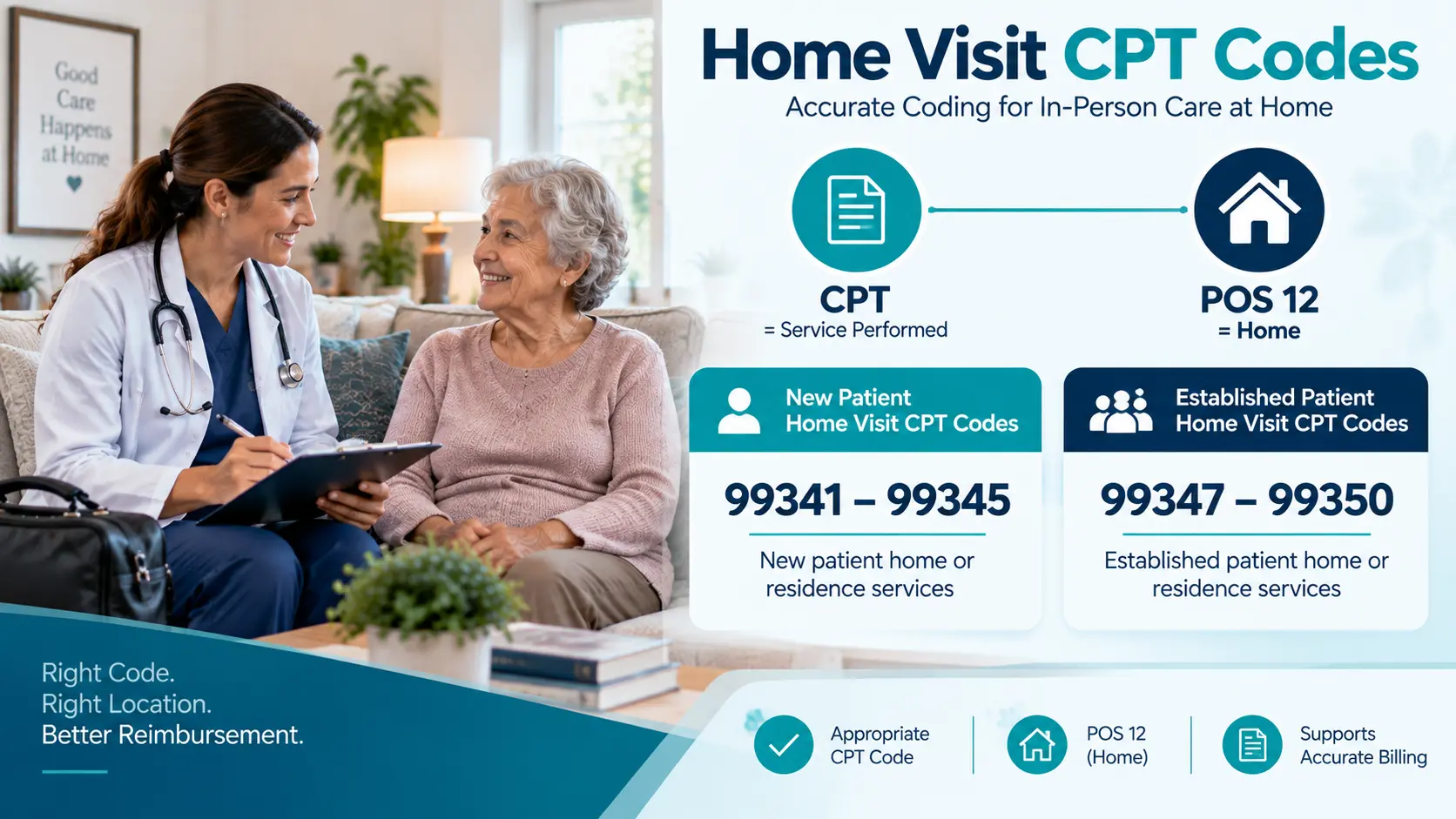 Home Visit CPT Codes for POS 12 Home visit CPT codes 99341–99345 for new patients and 99347–99350 for established patients