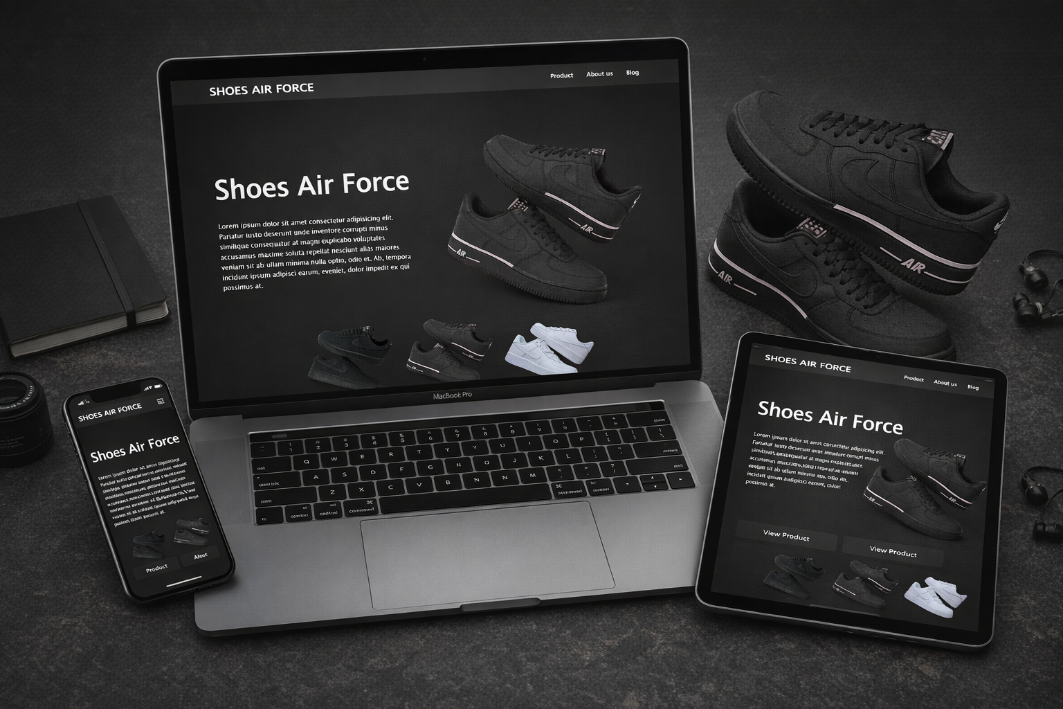 “Sneakers e-commerce website showcasing Air Force shoes in three colors, built as a front end web developer services for startups project.”