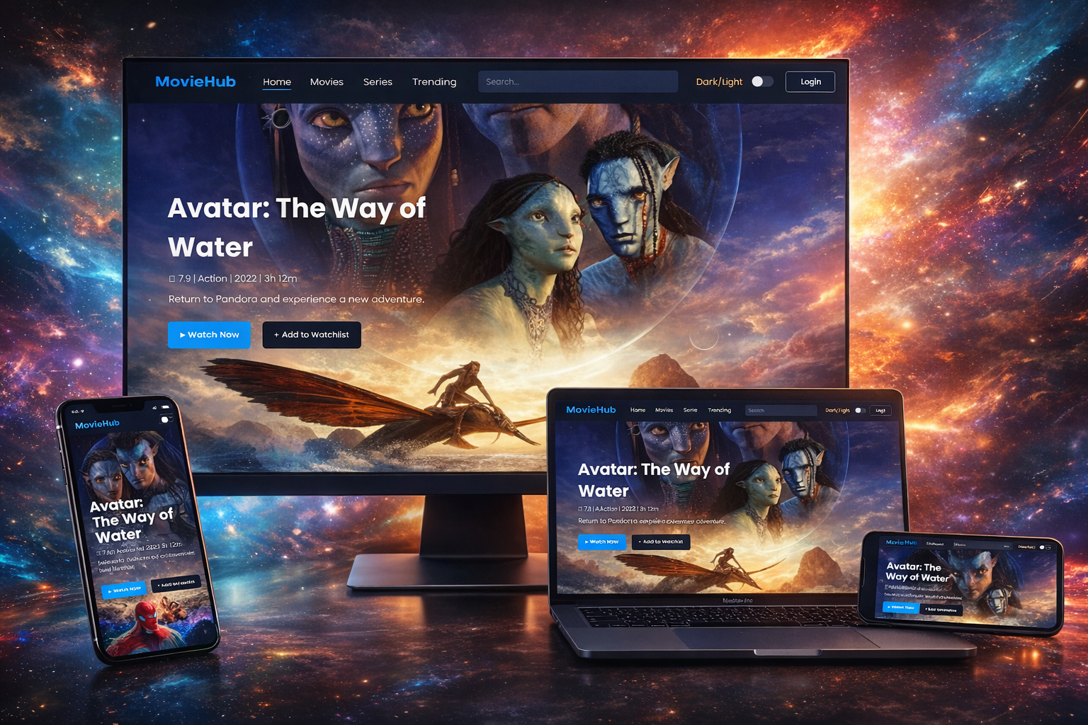 “Screenshot of a movie streaming platform highlighting front end web developer services for startups project, featuring responsive layout, interactive UI, and modern design elements.”