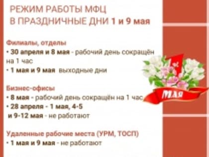 Режим работы МФЦ в майские праздники