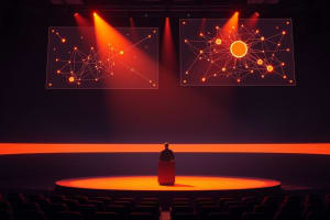 Conference stage spotlight with holographic AI agent diagrams floating above.