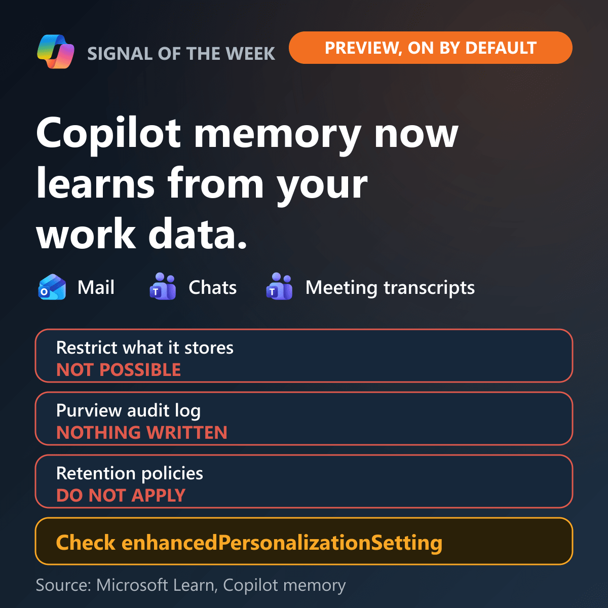Copilot memory learns from mail, chats and transcripts. Restricting what it stores is not possible, no audit entries are written and retention policies do not apply.