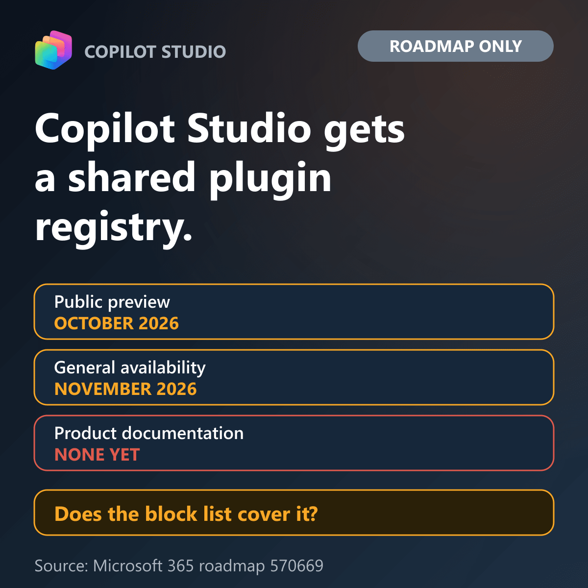 Shared plugin registry for Copilot Studio: preview October 2026, general availability November 2026, no product documentation yet.