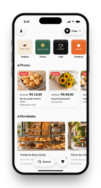 O app d.App: as lojas do bairro, com vitrine, promoções e preços na tela.