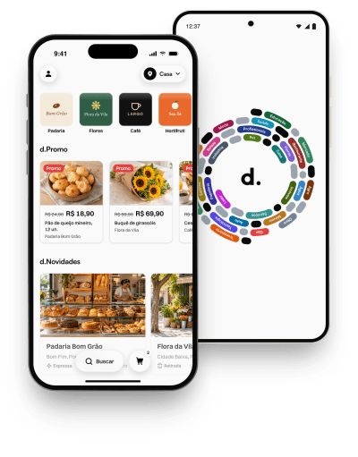 O app d.App no iPhone e no Android: lojas do bairro, promoções e novidades perto de você.