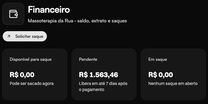 Tela do d.Admin: saldo disponível, pendente e em saque do negócio.