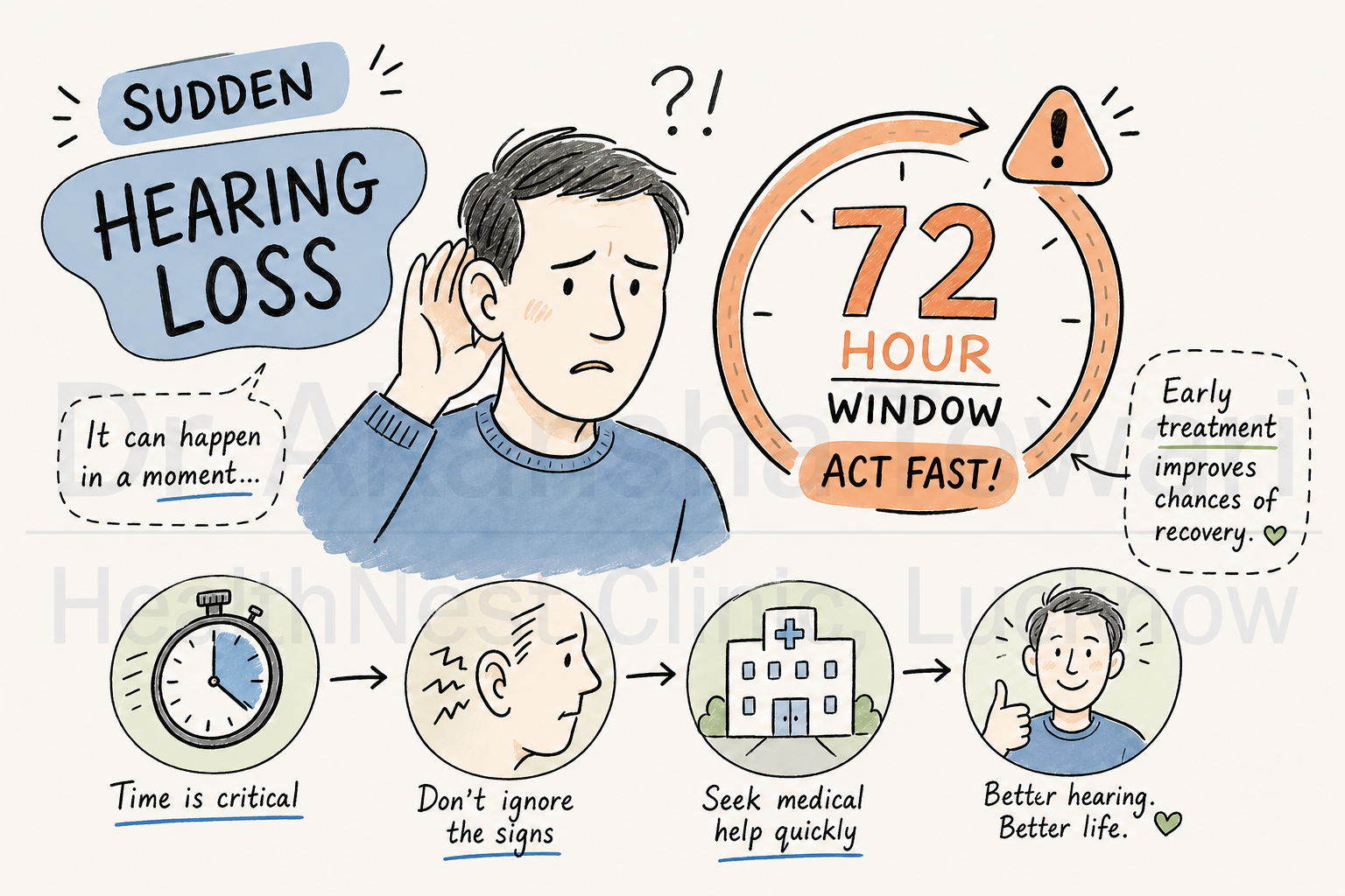 Illustrated sudden hearing loss 72-hour warning and urgent medical care guide