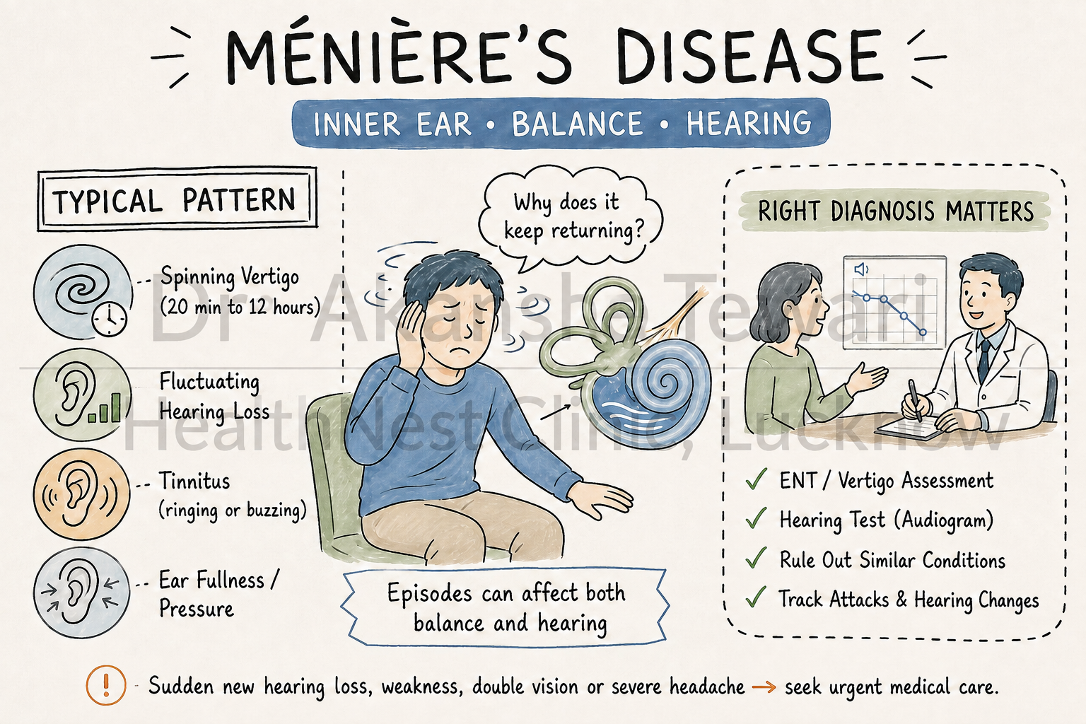 Illustrated patient guide to Ménière's disease showing vertigo, tinnitus, fluctuating hearing loss and inner-ear pressure