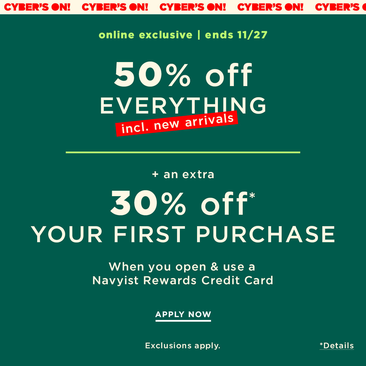 Old Navy Additional 30% off Cyber's On Sale Banner Membership Signup