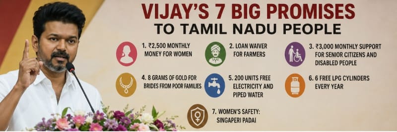 Click to enlarge Vijay's 7 Big Promises to Tamil Nadu People: TVK Manifesto Explained