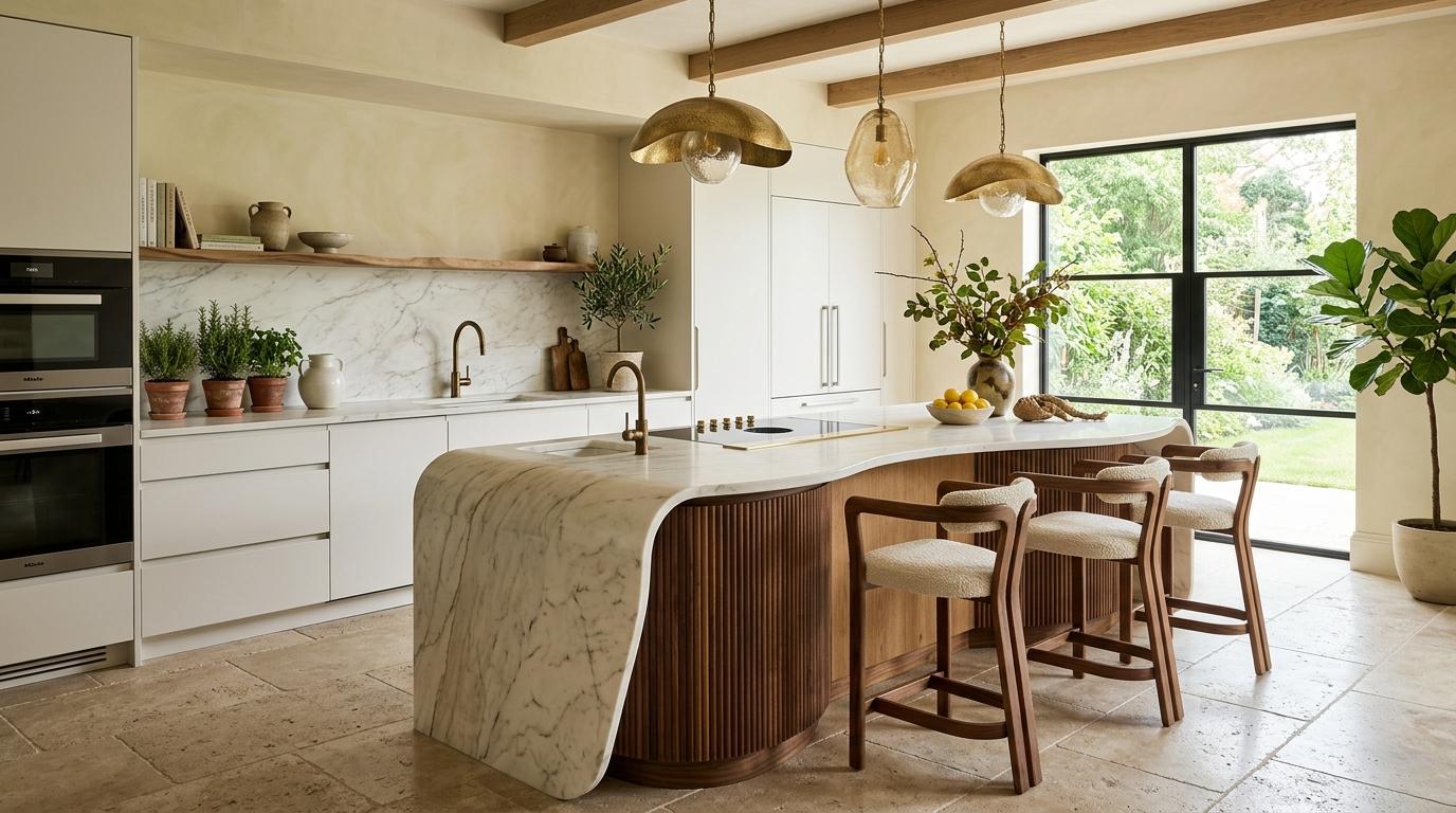 Organic sculptural kitchen island 2026 trend in modern warm kitchen